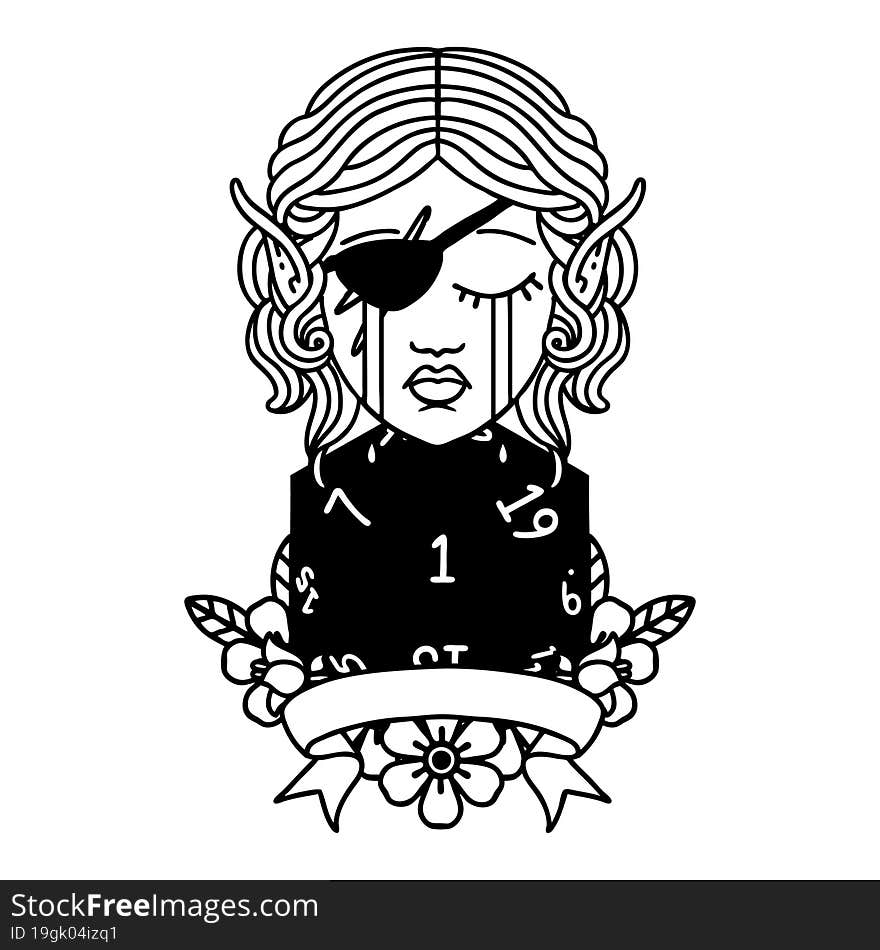 Black and White Tattoo linework Style crying elf rogue character with natural one D20 roll. Black and White Tattoo linework Style crying elf rogue character with natural one D20 roll