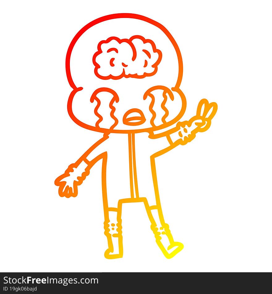 warm gradient line drawing cartoon big brain alien crying and giving peace sign