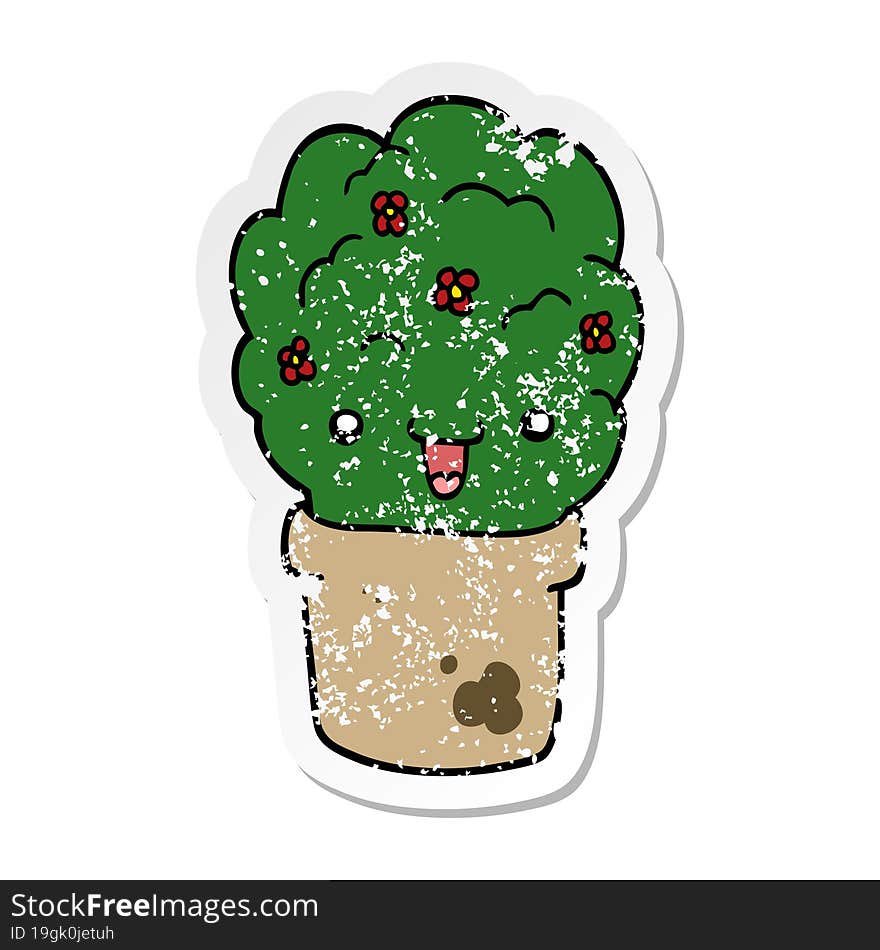 Distressed Sticker Of A Cartoon Shrub In Pot