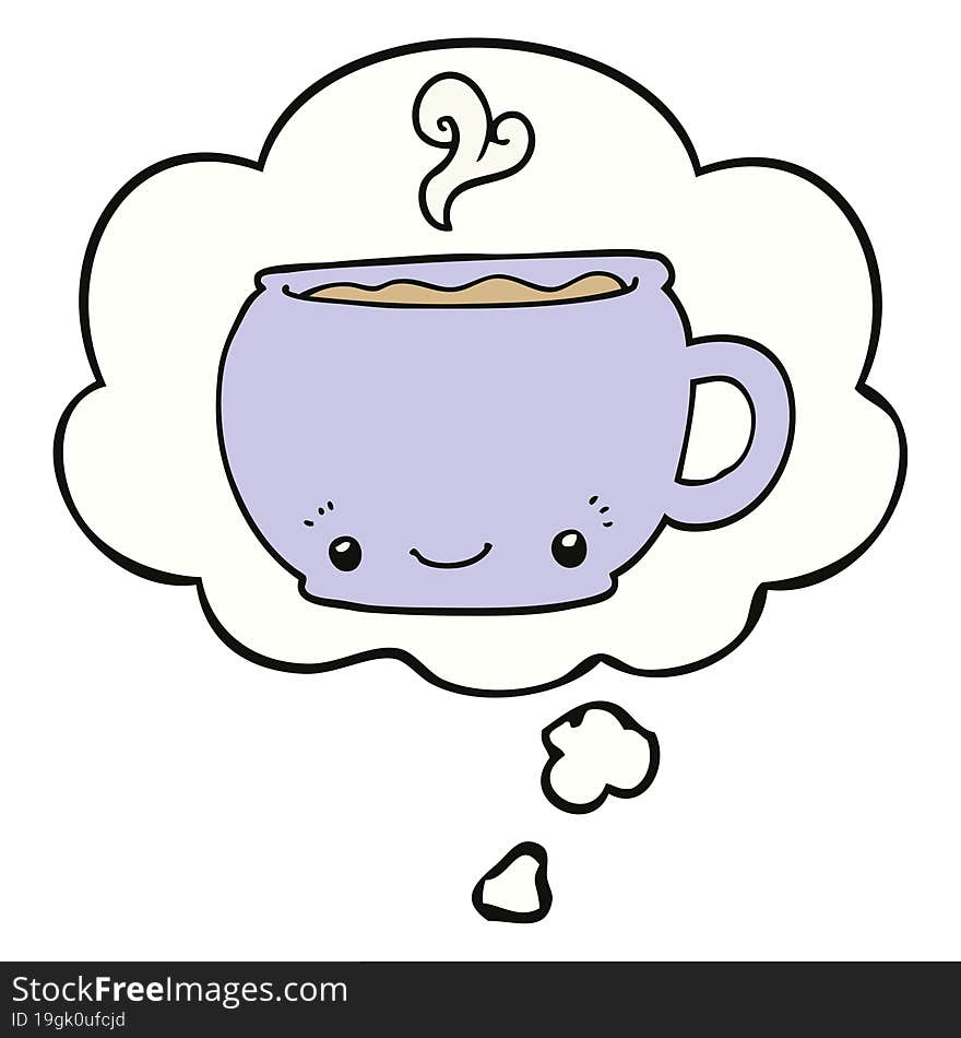 cartoon hot cup of coffee with thought bubble