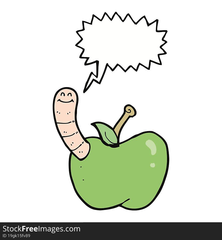 cartoon apple with worm with speech bubble