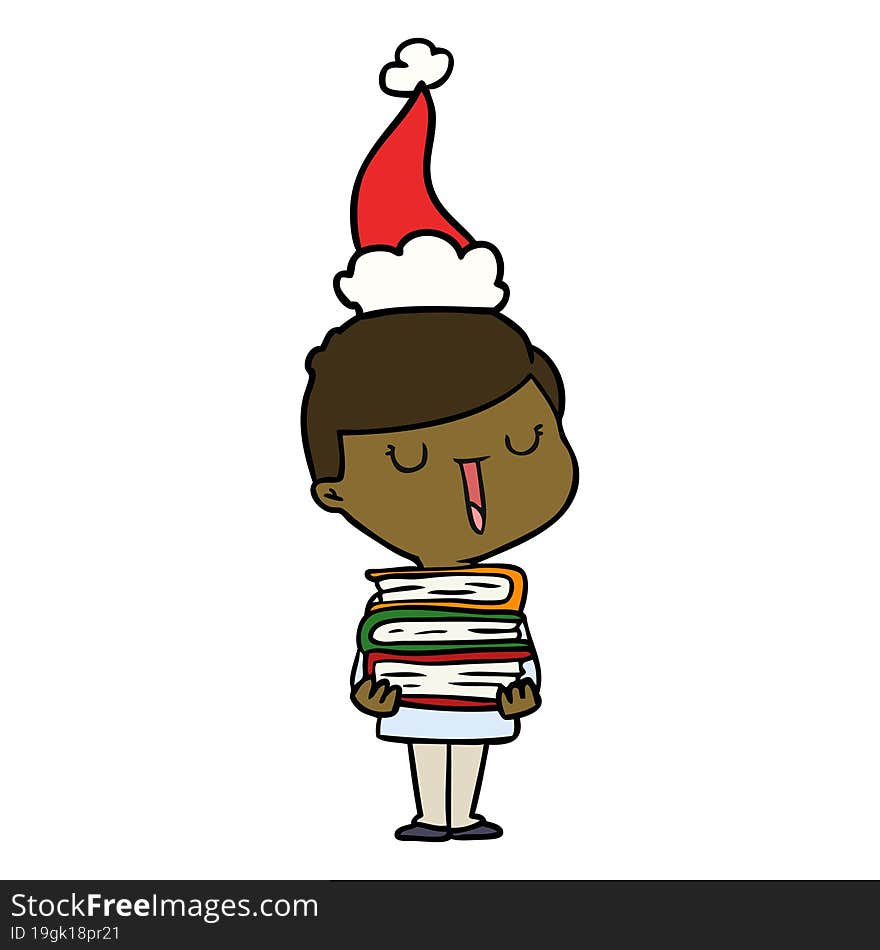 line drawing of a happy boy with stack of books wearing santa hat