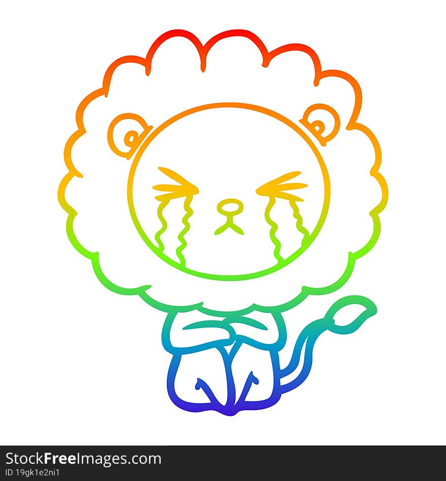 rainbow gradient line drawing cartoon crying lion sitting huddled up