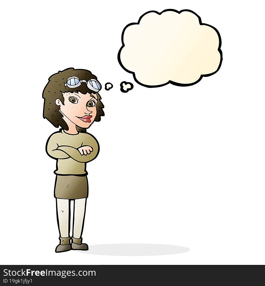 cartoon woman with crossed arms and safety goggles with thought bubble