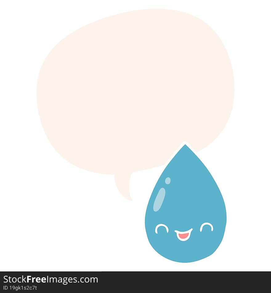 Cartoon Cute Raindrop And Speech Bubble In Retro Style