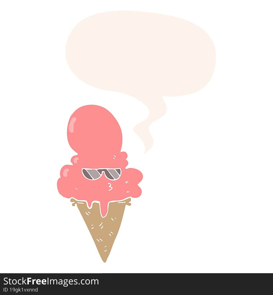 cartoon cool ice cream and speech bubble in retro style