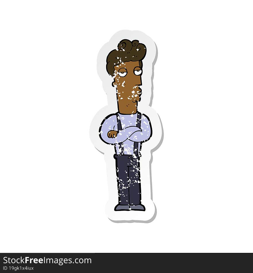 retro distressed sticker of a cartoon unimpressed man