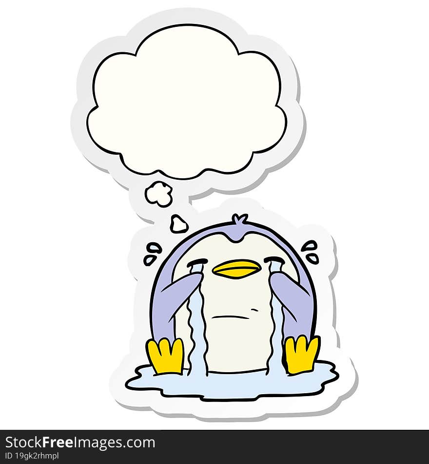 cartoon crying penguin and thought bubble as a printed sticker