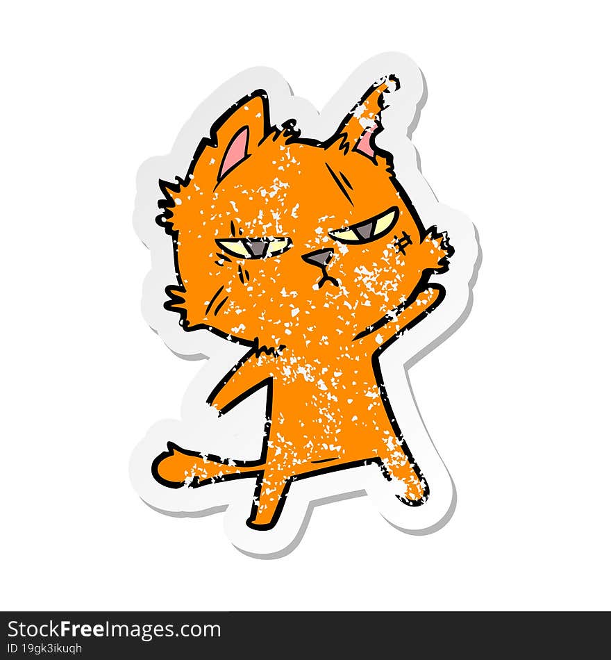 distressed sticker of a tough cartoon cat