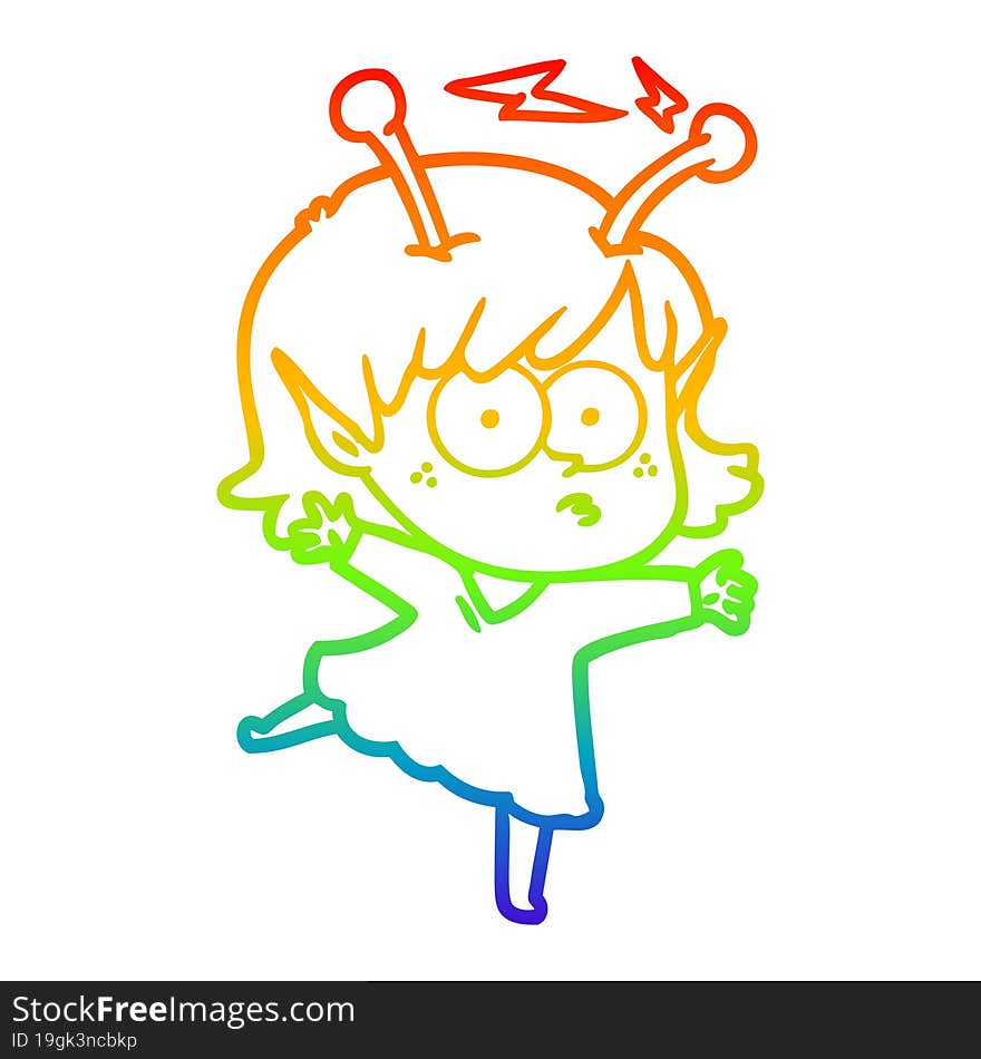 rainbow gradient line drawing of a cartoon alien girl