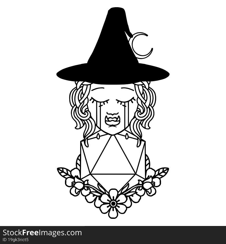 crying half orc witch with natural one D20 dice roll illustration