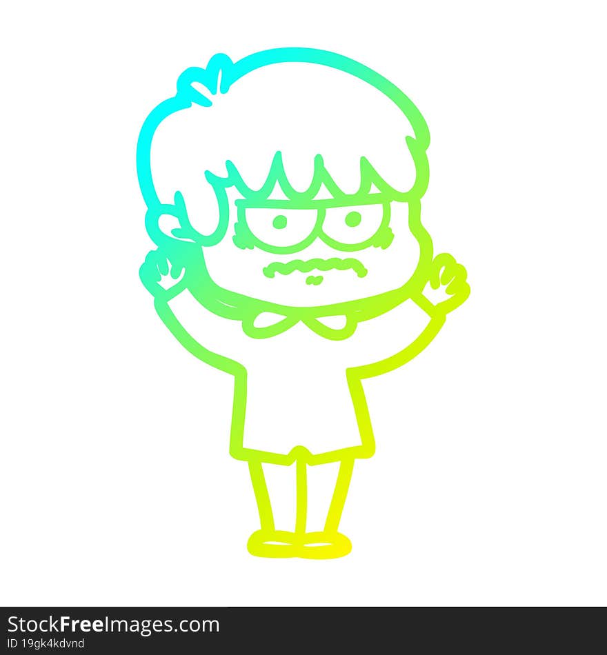 Cold Gradient Line Drawing Annoyed Cartoon Boy