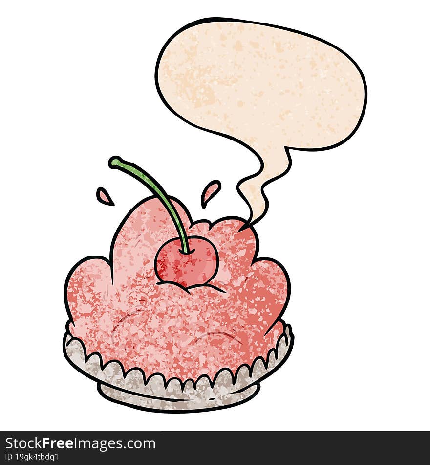 cartoon tasty dessert and speech bubble in retro texture style