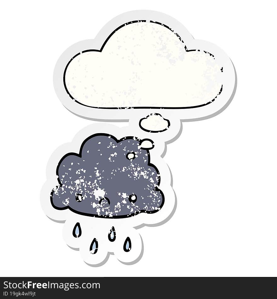 cartoon storm cloud and thought bubble as a distressed worn sticker