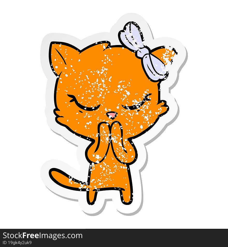 distressed sticker of a cute cartoon cat with bow