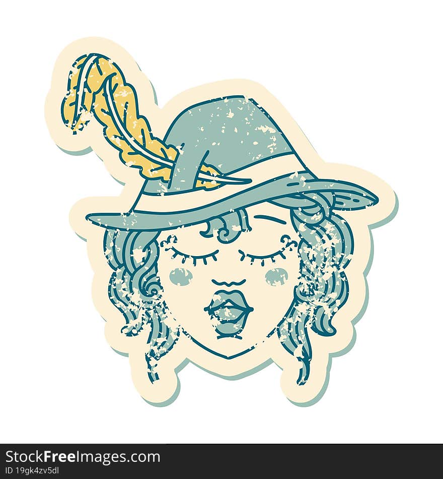 grunge sticker of a human bard character. grunge sticker of a human bard character