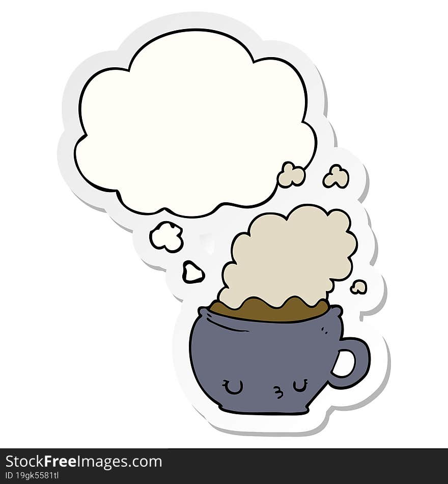 cute cartoon coffee cup with thought bubble as a printed sticker