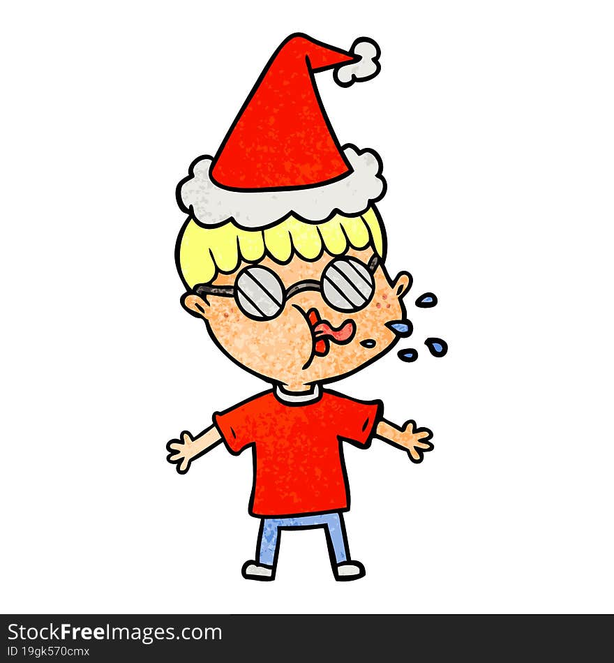 textured cartoon of a boy wearing spectacles wearing santa hat