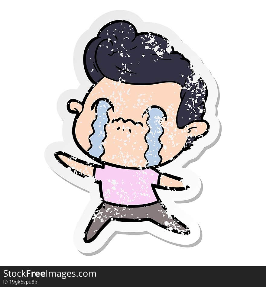 distressed sticker of a cartoon man crying