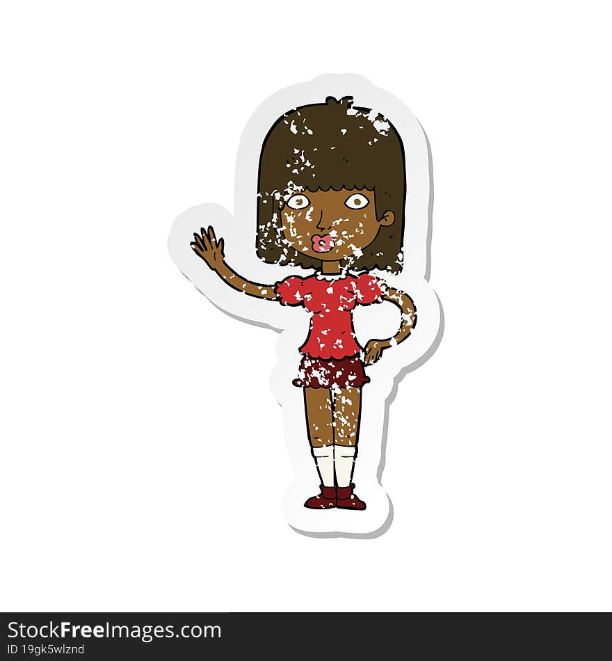 Retro Distressed Sticker Of A Cartoon Woman Waving