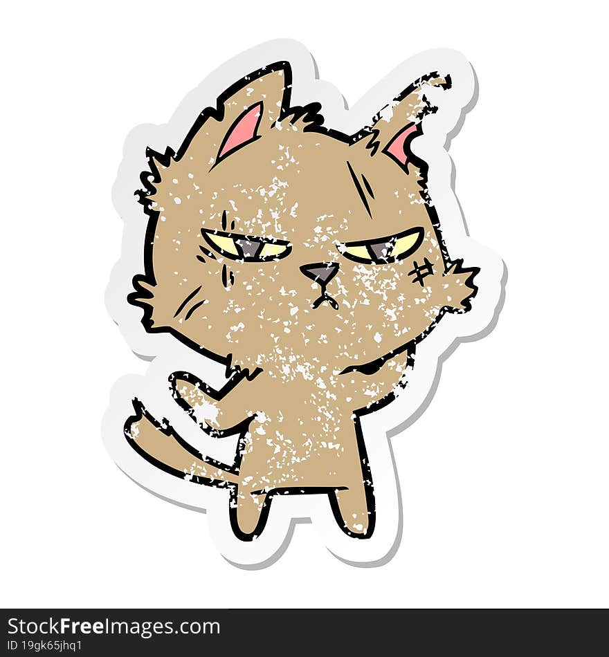 distressed sticker of a tough cartoon cat