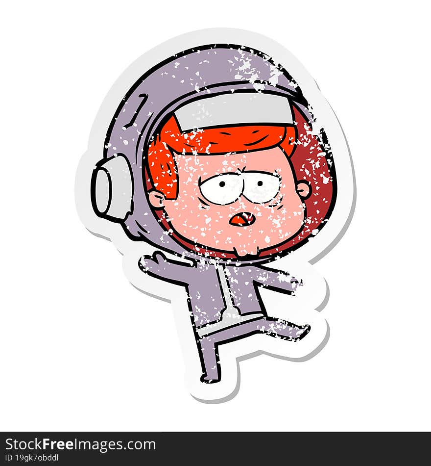 distressed sticker of a cartoon tired astronaut