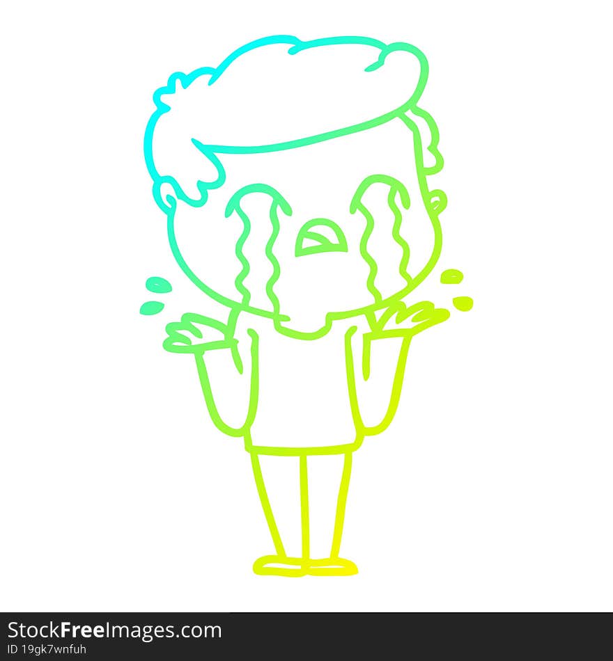 cold gradient line drawing of a cartoon man crying