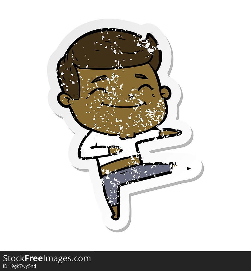 distressed sticker of a happy cartoon man dancing