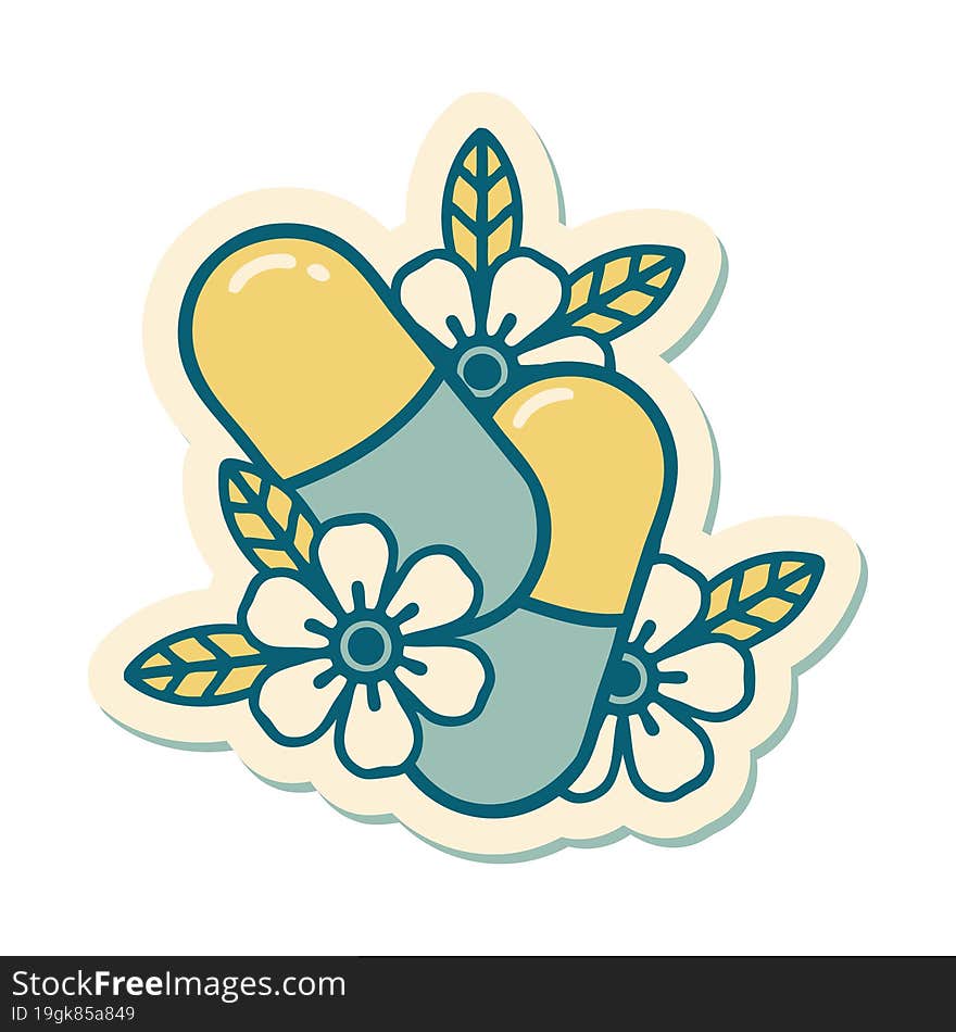 tattoo style sticker of pills and flowers