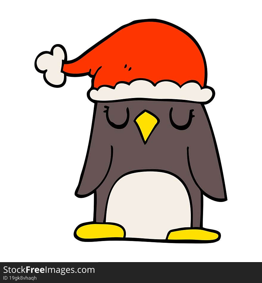 cartoon doodle penguin wearing christmas hat