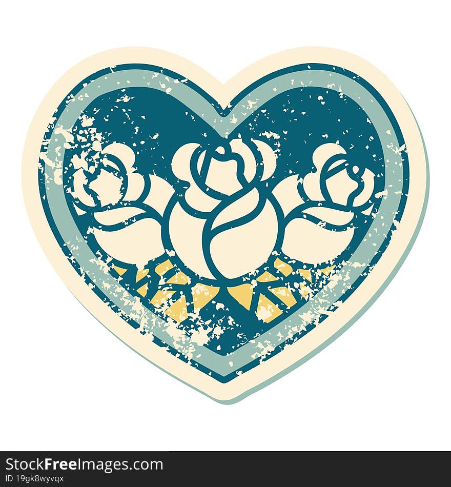 Distressed Sticker Tattoo Style Icon Of A Heart And Flowers