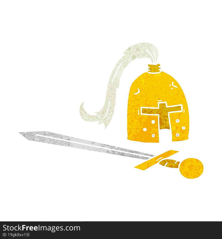 Retro Cartoon Doodle Of A Medieval Helmet And Sword