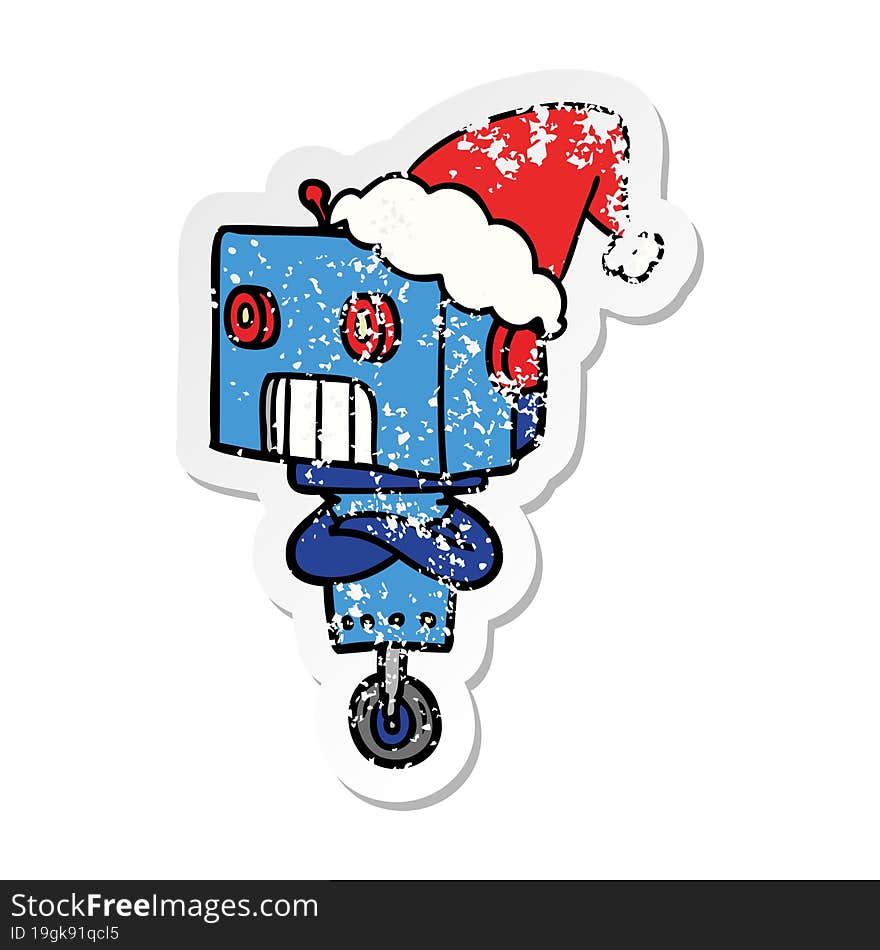 distressed sticker cartoon of a robot wearing santa hat