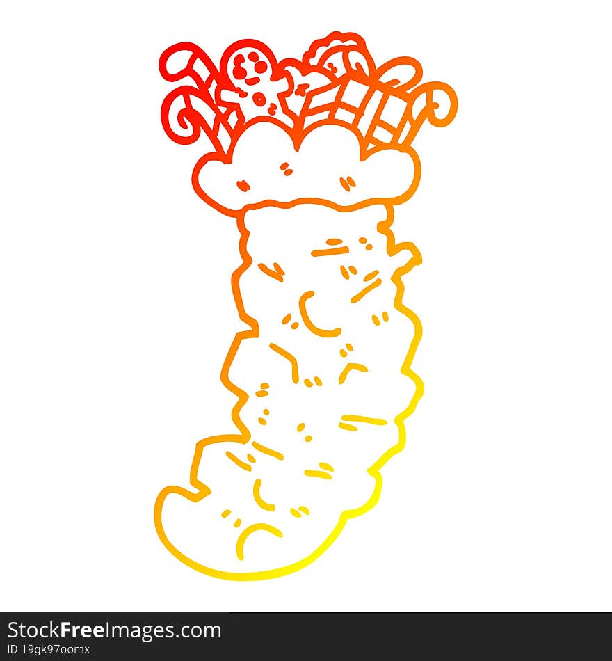 warm gradient line drawing of a cartoon christmas stocking stuffed with toys