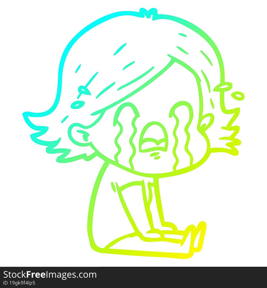 cold gradient line drawing of a cartoon woman crying