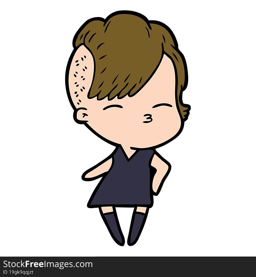 cartoon squinting girl in dress. cartoon squinting girl in dress