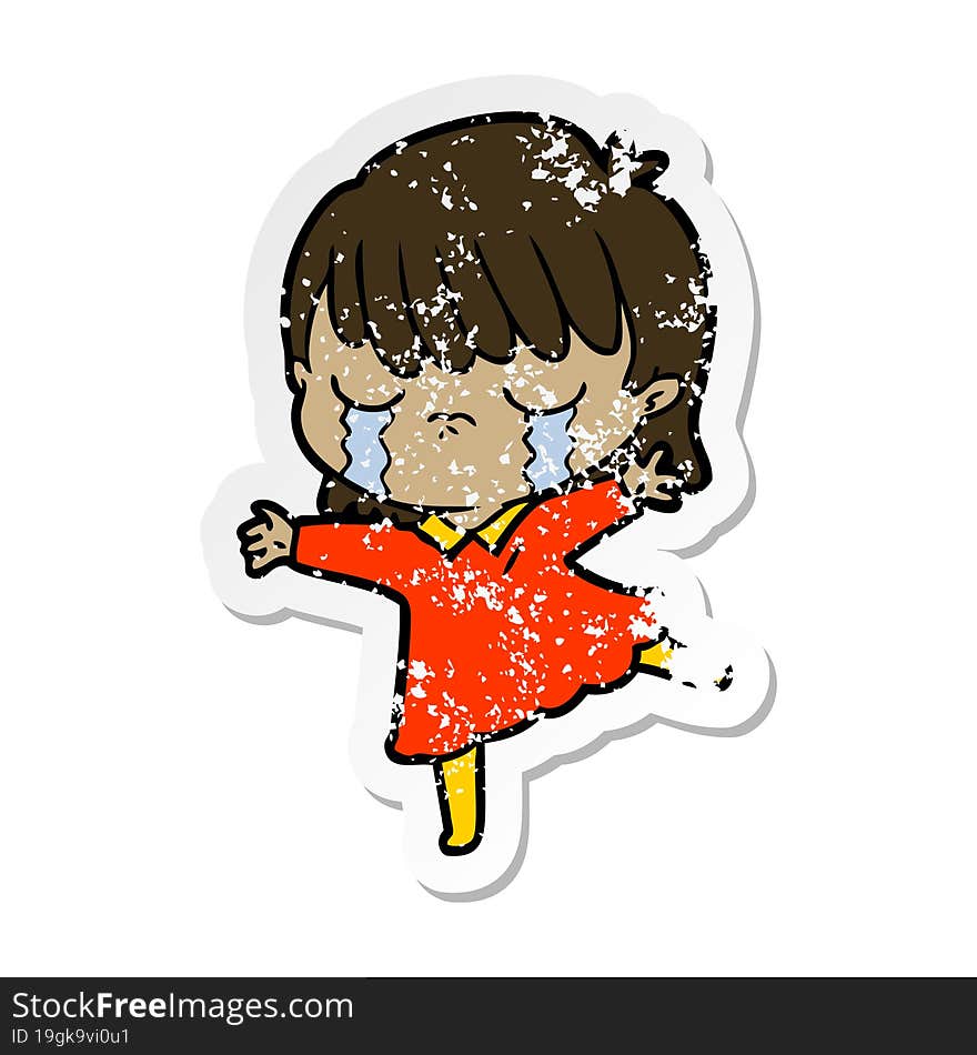 distressed sticker of a cartoon woman crying