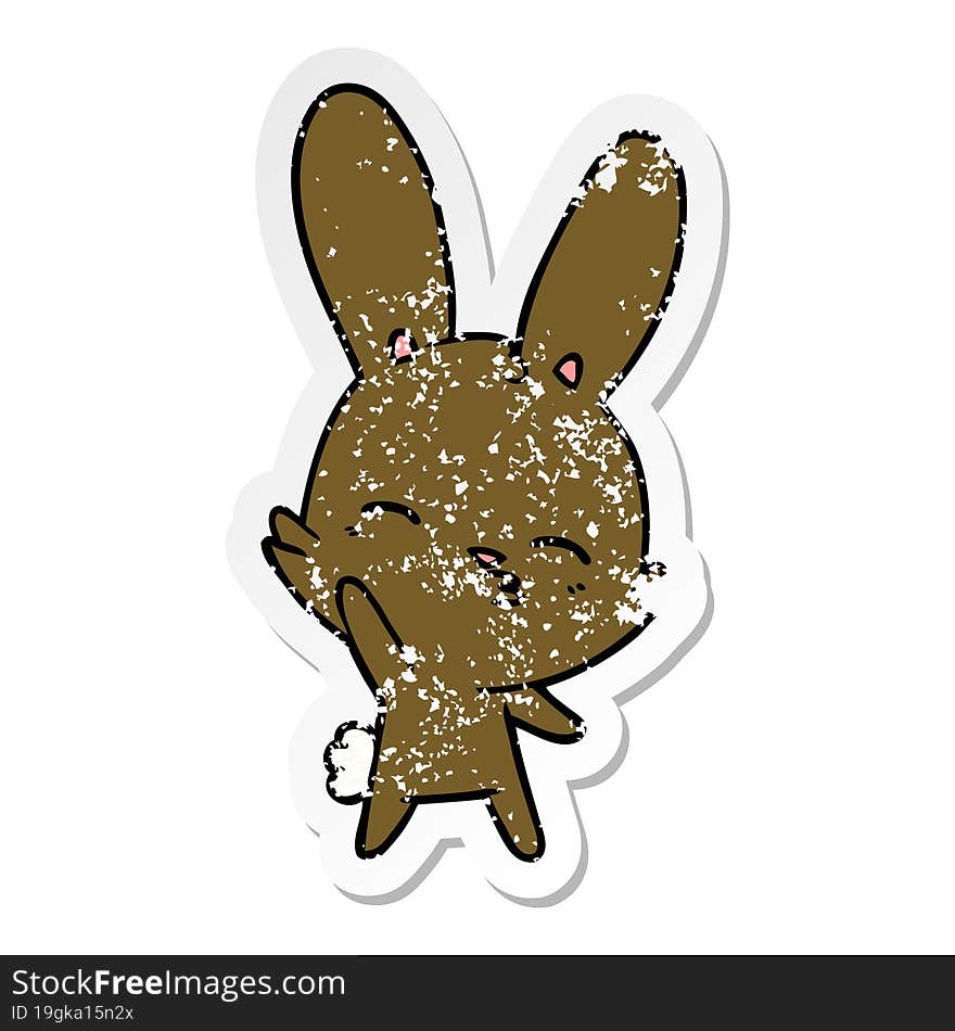 Distressed Sticker Of A Curious Waving Bunny Cartoon