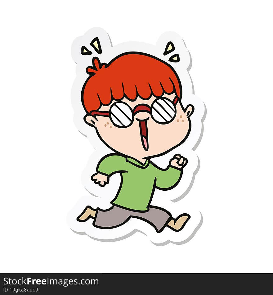 sticker of a cartoon running boy wearing spectacles