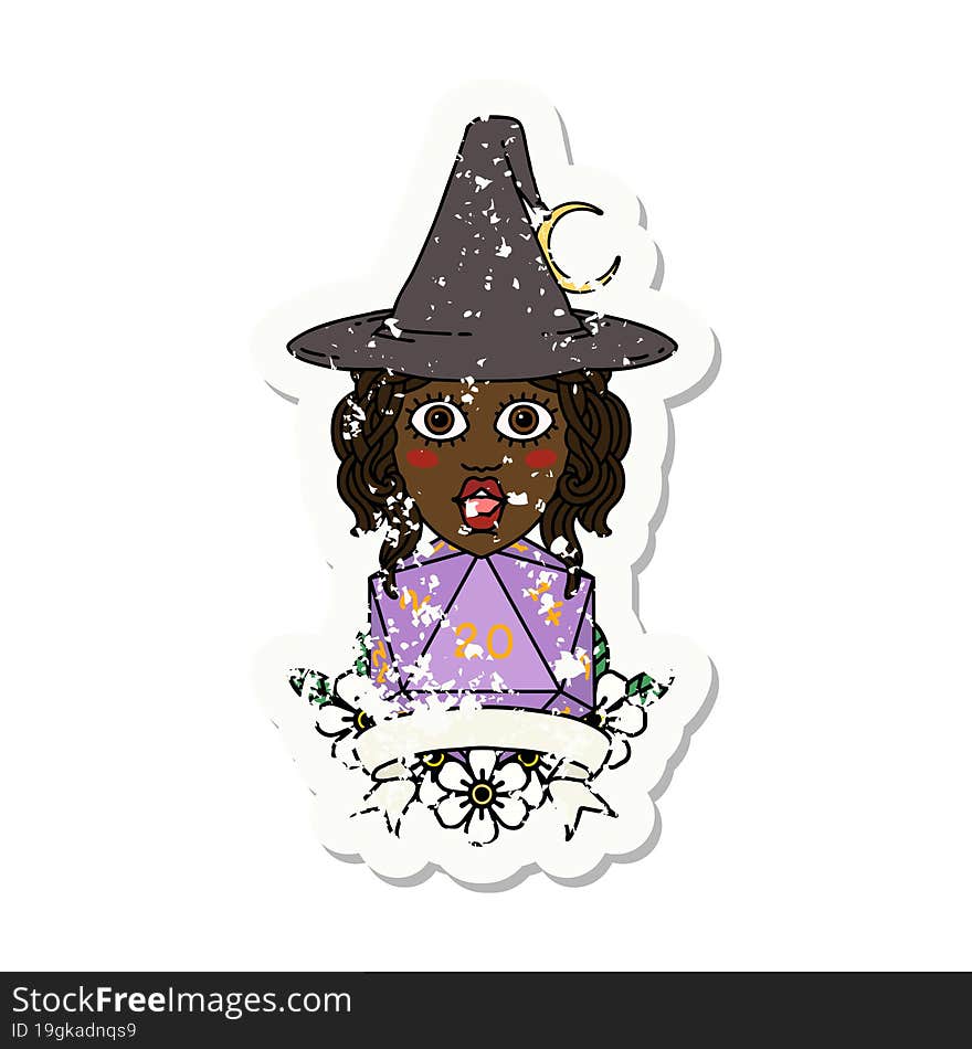 Retro Tattoo Style human witch with natural twenty dice roll. Retro Tattoo Style human witch with natural twenty dice roll