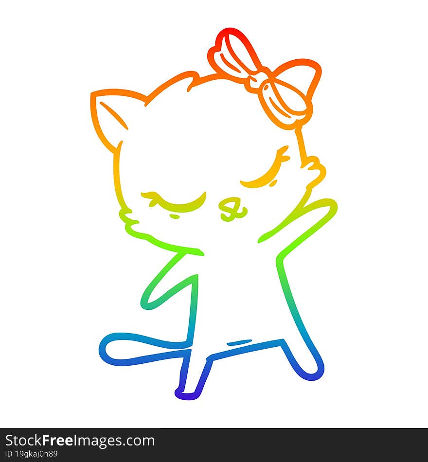 rainbow gradient line drawing cute cartoon cat with bow