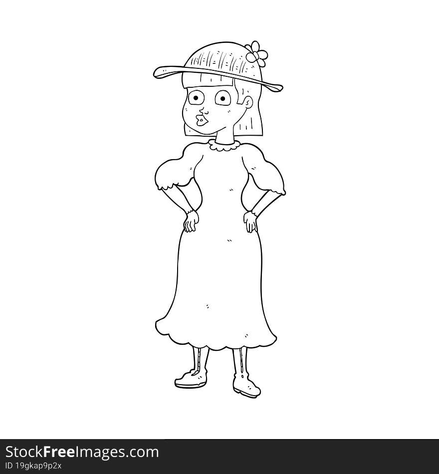 freehand drawn black and white cartoon woman in sensible dress