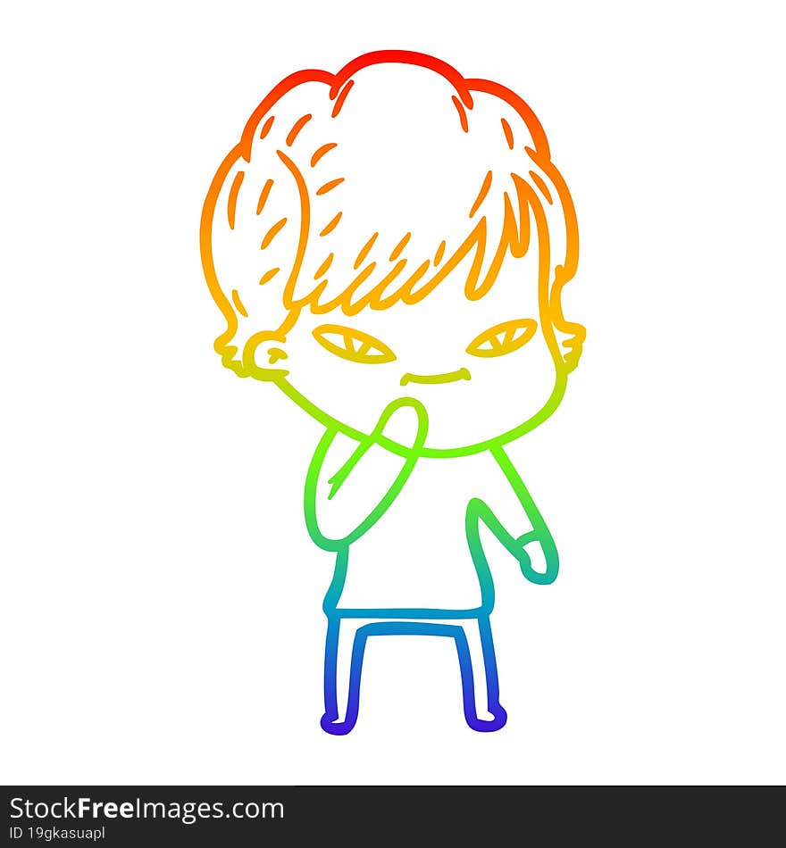 rainbow gradient line drawing of a cartoon happy woman