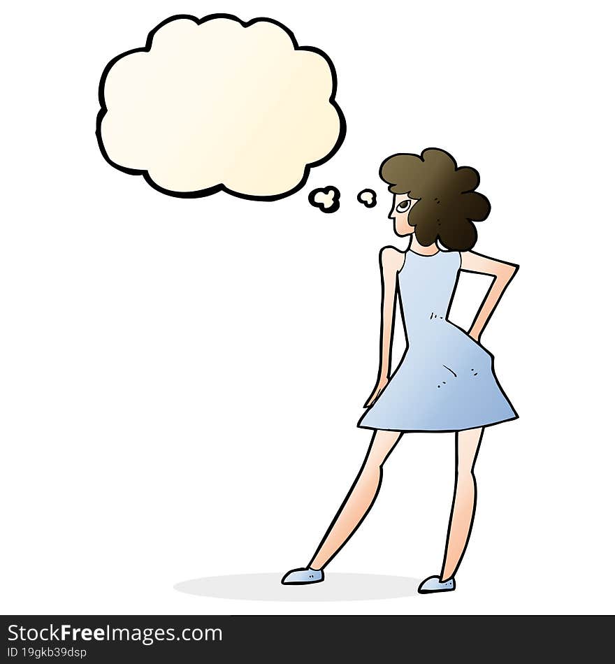 cartoon woman posing in dress with thought bubble