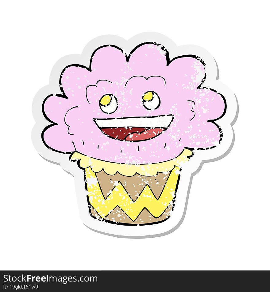 retro distressed sticker of a cartoon happy cupcake