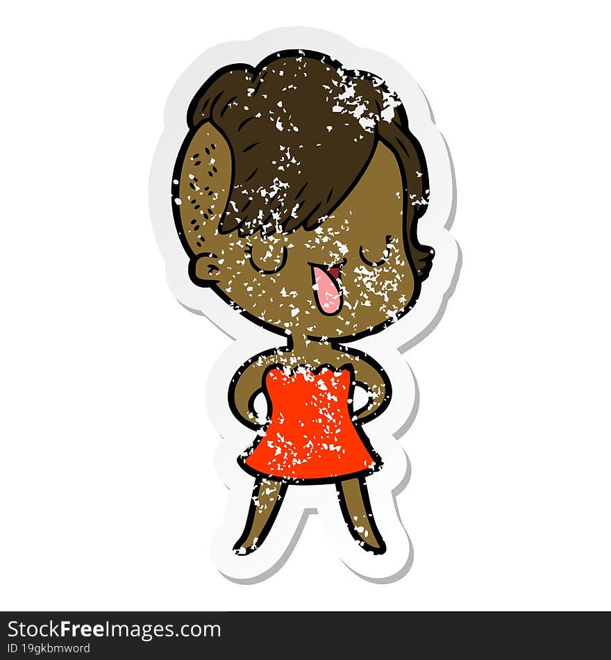 Distressed Sticker Of A Cute Cartoon Girl With Hipster Haircut