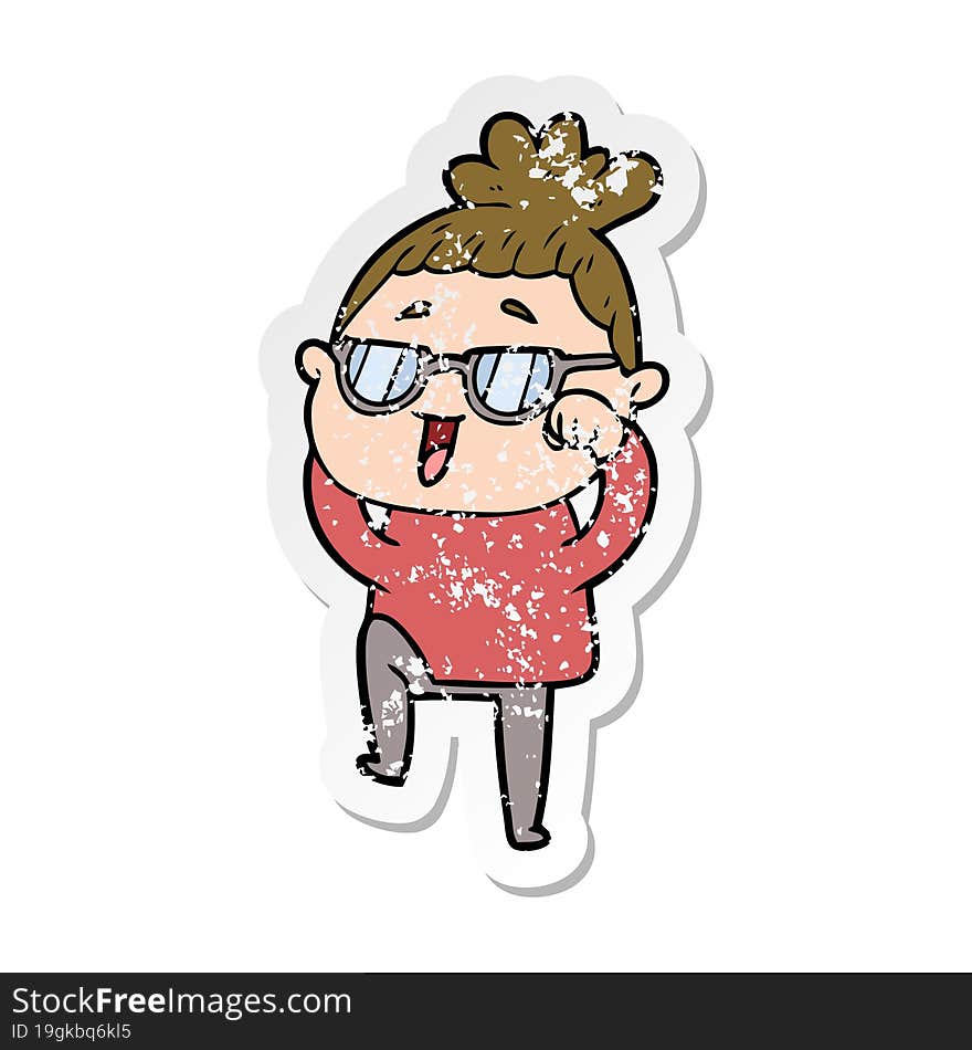 distressed sticker of a cartoon happy woman wearing spectacles