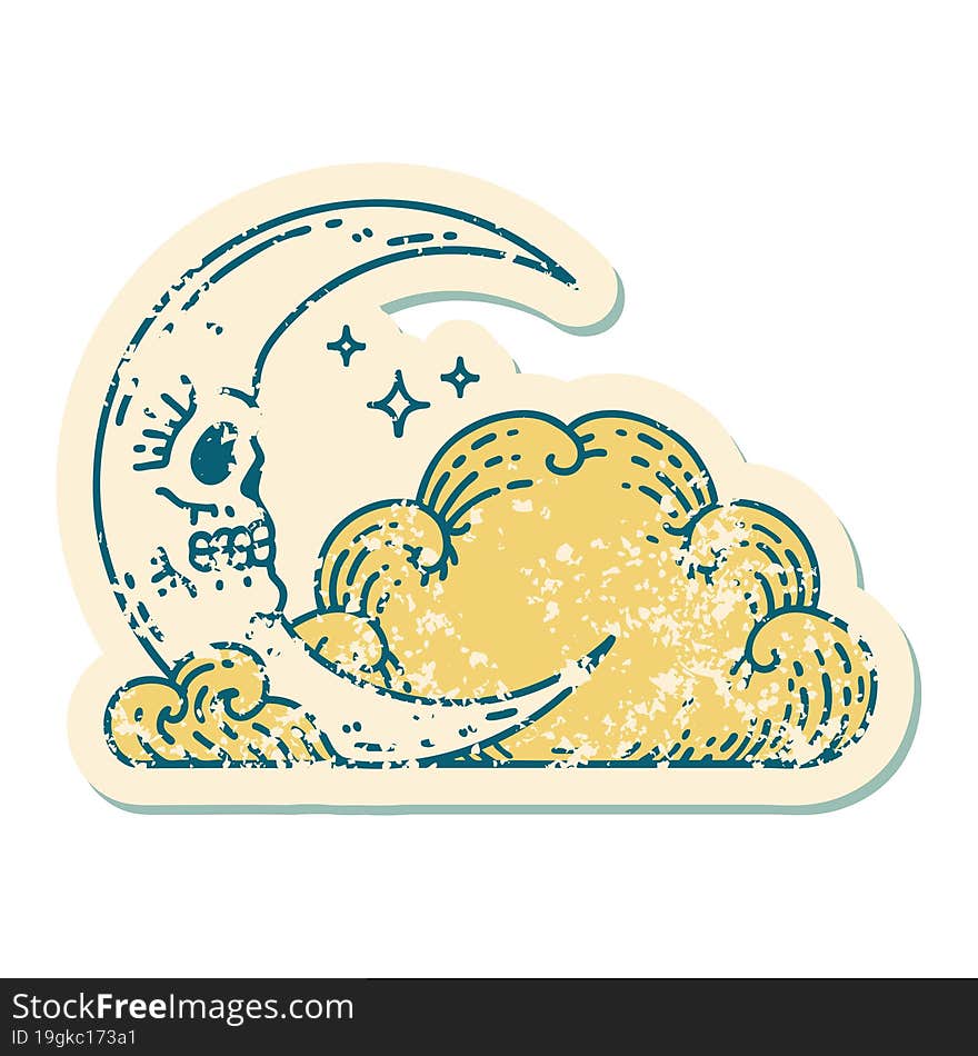 distressed sticker tattoo style icon of a skull crescent moon and clouds