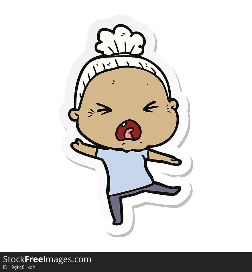 sticker of a cartoon angry old woman