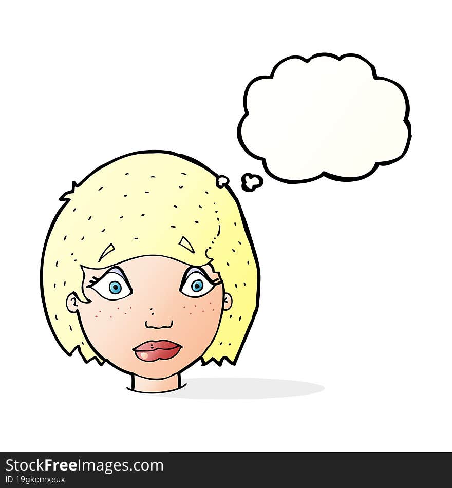 cartoon worried female face with thought bubble